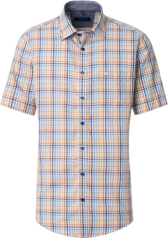 CASA MODA - Sport Comfort Fit - Overhemd - Blauw - Wit - Oranje en Groen Geruit - Korte Mouw - Strijkvriendelijk
