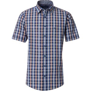 CASA MODA - Sport Comfort Fit Overhemd - Korte Mouw - Blauw met Geel - Oranje en Wit Geruit - Strijkvriendelijk