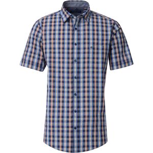 CASA MODA - Sport Comfort Fit Overhemd - Korte Mouw - Blauw met Geel - Oranje en Wit Geruit - Strijkvriendelijk