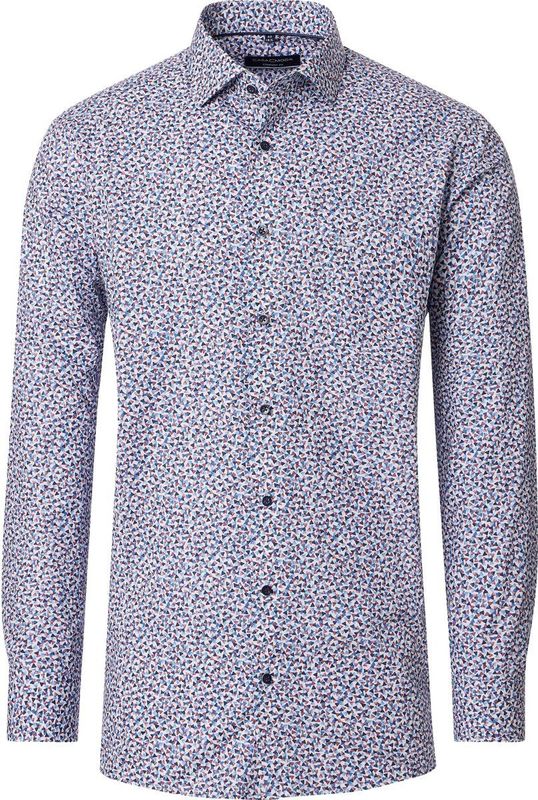 CASA MODA - Comfort Fit Overhemd - Wit met Blauw en Bruin Dessin - Strijkvriendelijk