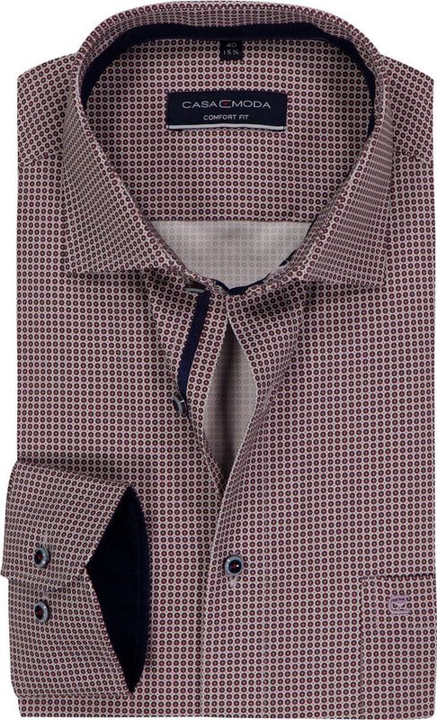 CASA MODA - Comfort Fit - Overhemd - Wit met Bruin en Blauw Dessin - Strijkvriendelijk