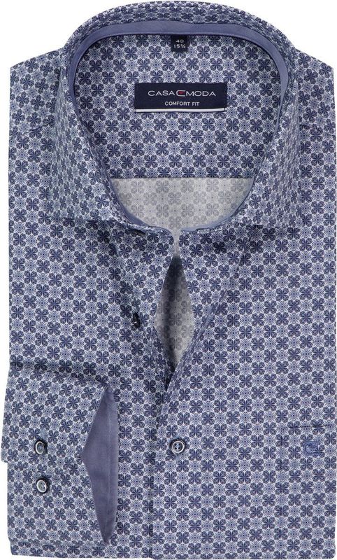 CASA MODA - Comfort Fit Overhemd - Blauw met Wit Dessin - Popeline - Strijkvriendelijk