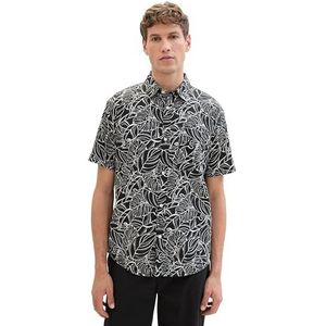 TOM TAILOR Denim Herenhemd, 34948 - Zwart Wit Outline Bladeren, M