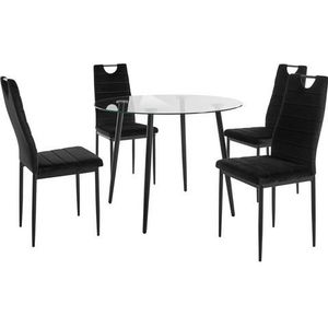 INOSIGN Eethoek ronde glazen tafel, ø 100 cm en 4 eetkamerstoelen, bekleding van fluweel (set, 5-delig)