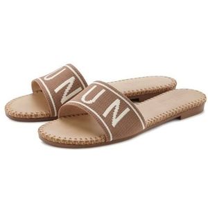 LASCANA Pantolette Mule, Sandale, offener Schuh aus Textil mit modischem Schriftzug VEGAN