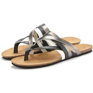 Lascana - Teenslippers - Zwart/Zilverkleur - Leer met Kurken Voetbed