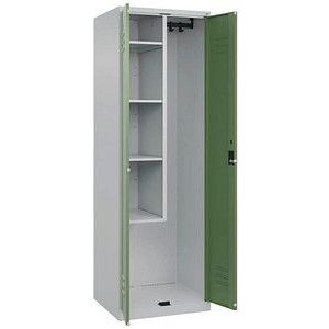 C+P Reinigingsmiddelkast Classic PLUS, 1 compartiment, scheidingswand in het midden, ingekort, lichtgrijs / resedagroen, b = 600 mm, met voetdoppen, draaigrendel