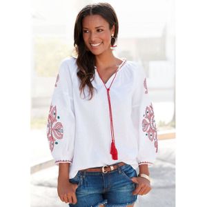 Damesblouse - Wit/Rood/Blauw - Borduursels - V-hals - Lange Mouwen - Boho-stijl