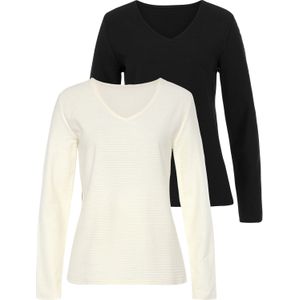 Lascana - Shirt - Crème/Zwart - Lange Mouwen - Set van 2