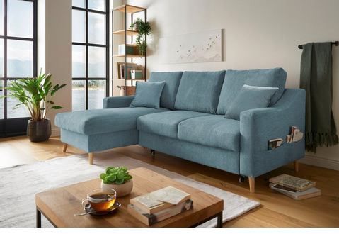 INOSIGN Ecksofa "Valentina L-Form", 2 Zierkissen, mit Seitentasche, ausziehbarer Liegefläche, Bettkasten