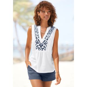 Lascana Top - White Navy - V-hals - Mouwloos - Ruimvallend - 58% Viscose