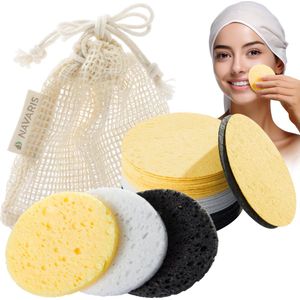 Navaris 50x herbruikbare gezichtsreiniging spons - Set van 50 cellulose sponjses - Inclusief mesh tasje - In 3 kleuren