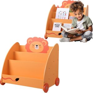 Navaris boekenkast kind met wieltjes - Houten boekenrek voor de kinderkamer met 3 vakken - 60 x 58 x 40 cm - Organizer voor boeken en speelgoed oranje