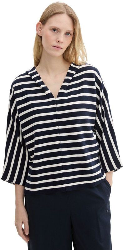 TOM TAILOR - 1042970 - Damestrui - Marineblauw en Wit Gestreept - Met Vleermuismouwen en Capuchon