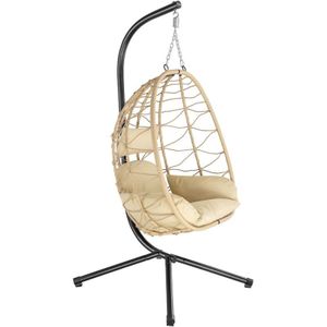 HinHocker Hangstoel met frame | crème | hangschommel voor binnen en buiten | incl. kussen en kussens | rieten stoel, hangstoel terras, eistoel, hangmand stoel