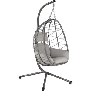 HinHocker Hangstoel met frame | Grijs | Hangschommel voor binnen en buiten | Incl. kussens en kussens | Balkon hangstoel outdoor, tuinschommel, schommelstoel, hangmand
