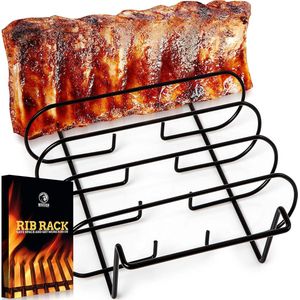 Spareribshouder voor roker - BBQ-ribrek voor gas- of houtskoolgrill - Spareribshouder met antiaanbaklaag voor grillen en barbecuen - Voor 5 babyribben - Zwart