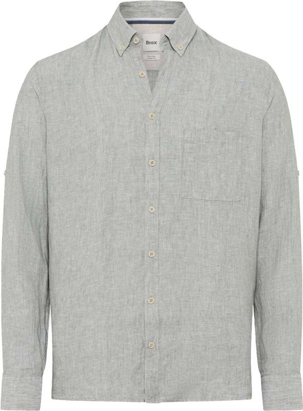 Brax - Overhemd - Grijs - Effen - 100% Linnen - Borstzak