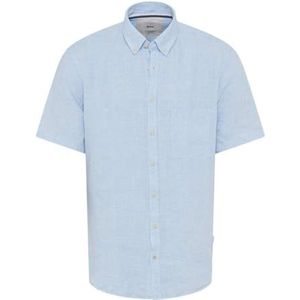 Brax - Linnen Overhemd - Lichtblauw - Korte Mouw - Met Borstzak