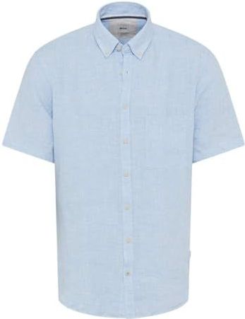 Brax - Linnen Overhemd - Lichtblauw - Korte Mouw - Met Borstzak