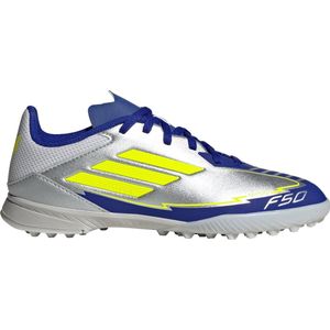 adidas Mixte enfant F50 LEAGUE Football boots Turf, Silver Metallic/Solar Yellow/Lucid Blue, 36 EU