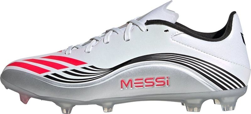 adidas Uniseks-Volwassen F50 MESSI LEAGUE Firm Ground/Multi Ground Football Boots, Cloud White/Lucid Red/Silver Metallic, 46 2/3 EU
