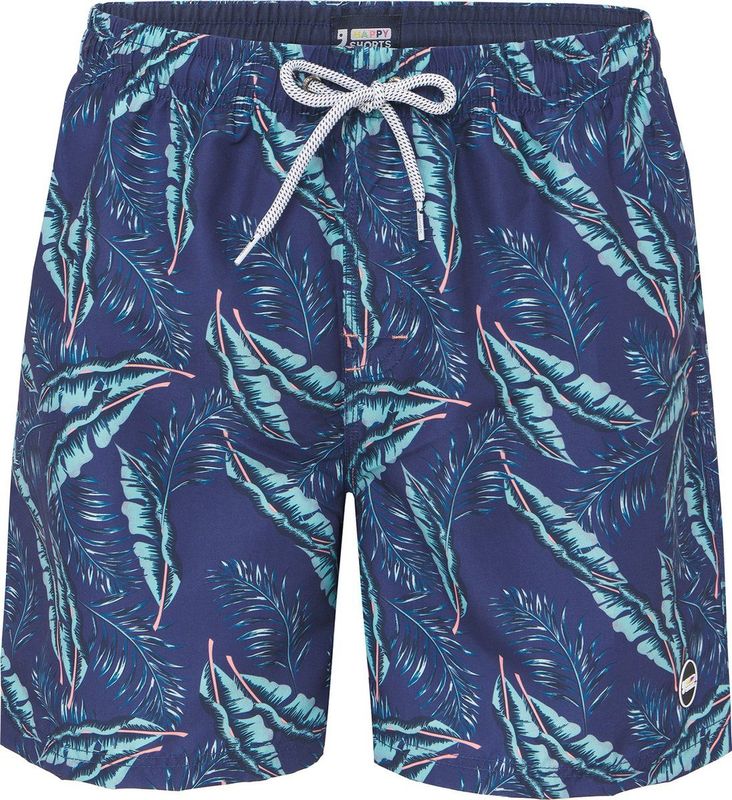 Happy Shorts - Heren - Zwemshort - Blauw - Polyester met Blad Print