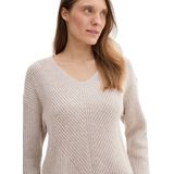 TOM TAILOR - Trui - Beige - Knitwear - V-hals - Losse Pasvorm - Lange Mouw