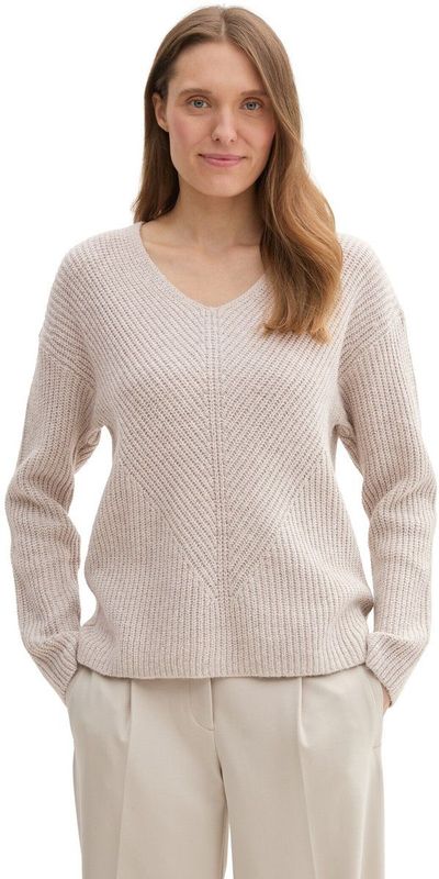 TOM TAILOR - Trui - Beige - Knitwear - V-hals - Losse Pasvorm - Lange Mouw