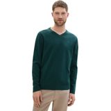 TOM TAILOR - 36296 - Gebreide Trui - Dark Tree Green Melange - Katoen, V-hals, Regular Fit