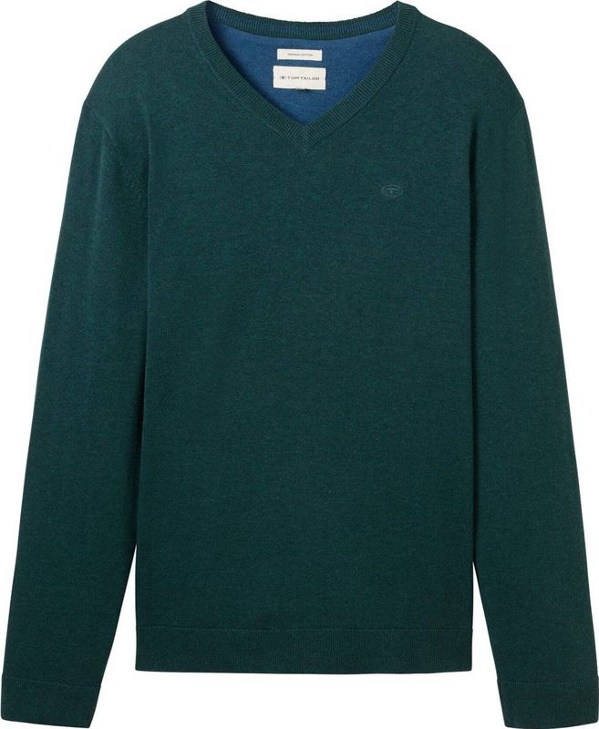 TOM TAILOR - 36296 - Gebreide Trui - Dark Tree Green Melange - Katoen, V-hals, Regular Fit