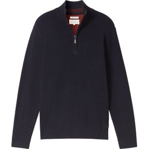 Tom Tailor - Gebreide Trui - Blauw - Katoen - Troyer Halve Rits