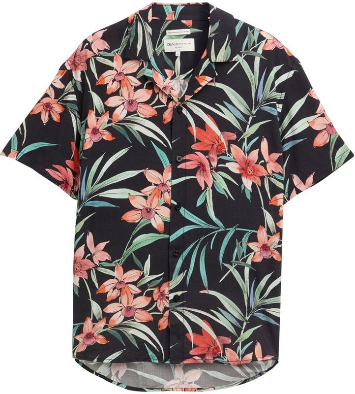 TOM TAILOR DENIM - Overhemd - Turquoise - Comfort Fit - Kwartmouw - Bloemenprint