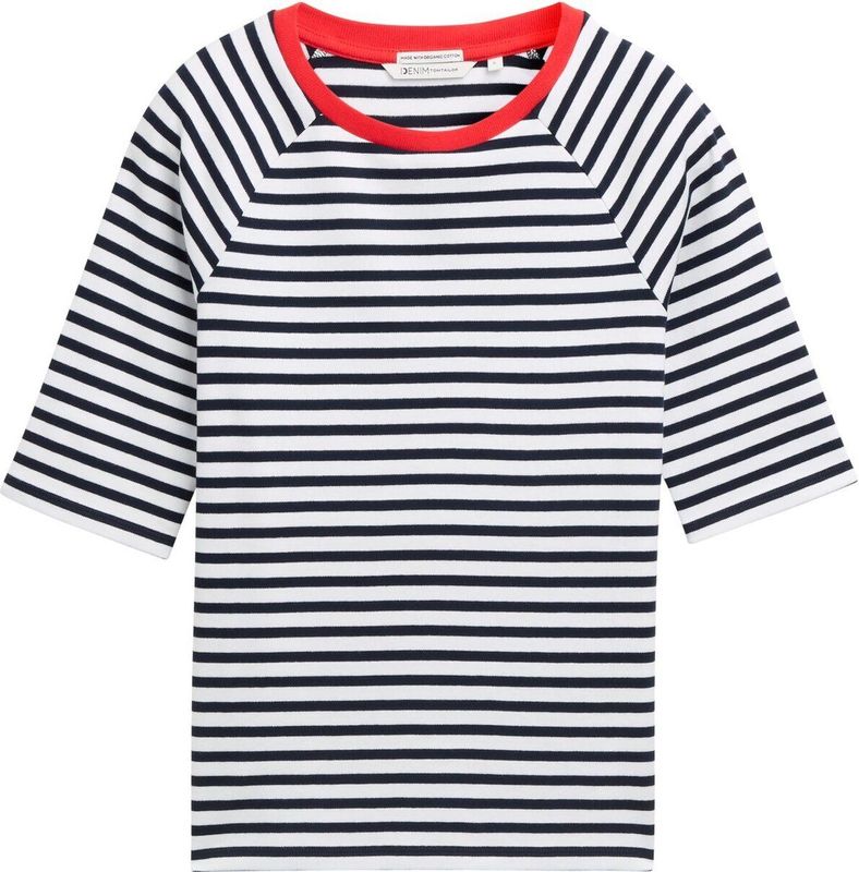 TOM TAILOR DENIM - Shirt - Rood/Zwart/Wit - Gestreept - Halve Mouw