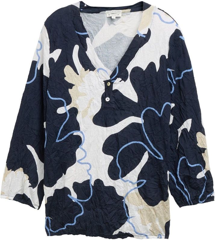 Tom Tailor T-shirt - Big Floral Shapes Design - Gekreukte Look - V-hals - 3/4-mouwen