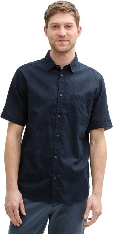 Tom Tailor - Overhemd - Korte Mouwen - Lichtblauw - 55% Linnen/45% Katoen