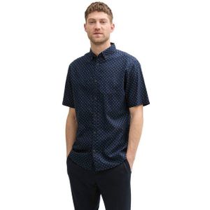 Tom Tailor - Printed Cotton Linen Shirt - Blauw - Katoen/Linnen