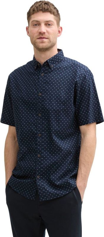 Tom Tailor Heren Overhemd PRINTED COTTON LINEN SHIRT regular fit Blauw XXL Volwassenen