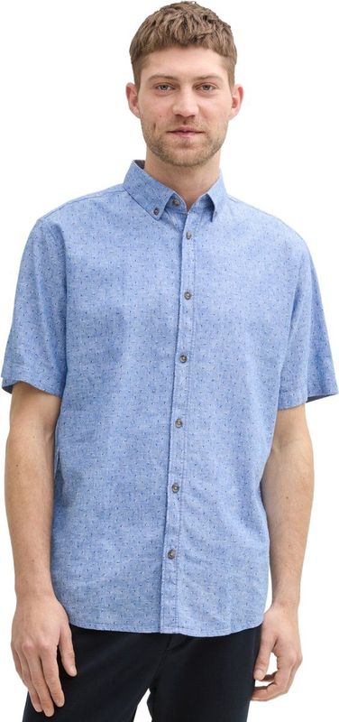 Tom Tailor - PRINTED COTTON LINEN SHIRT - Overhemd - Blauw - Regular Fit, 55% Linnen, 45% Katoen