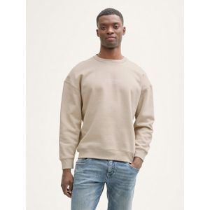 TOM TAILOR DENIM - Sweatshirt - Greige/Wit - Geribbelde Kraag, Ronde Hals, Logoprint