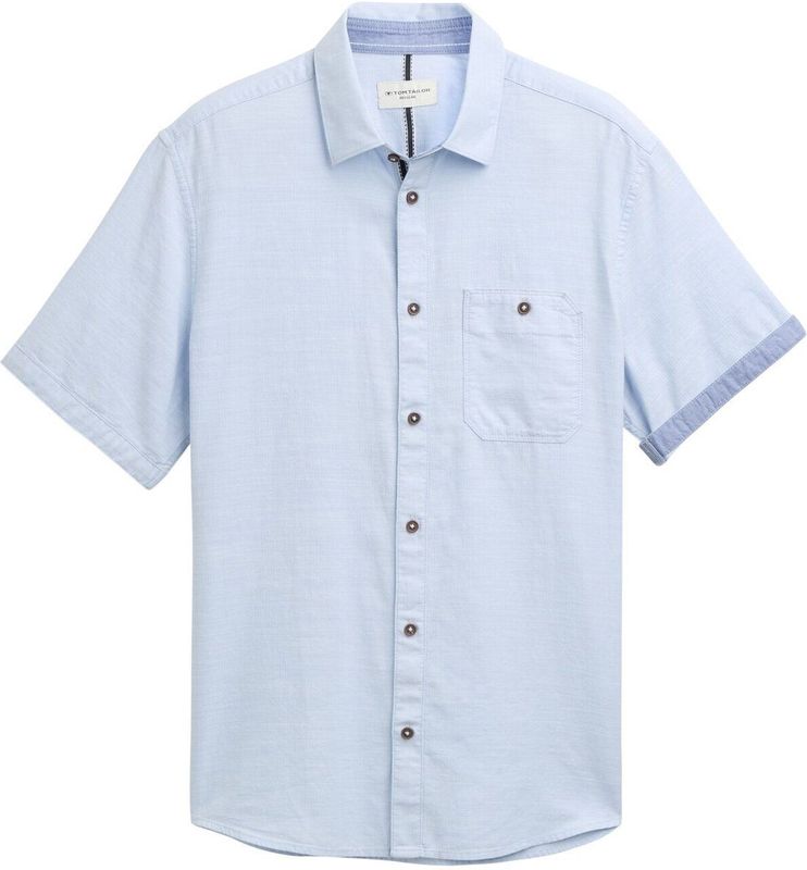 TOM TAILOR Heren regular fit shirt met korte mouwen en borstzak, 37890 - Powder Blue Zigzag Structuur, XXL