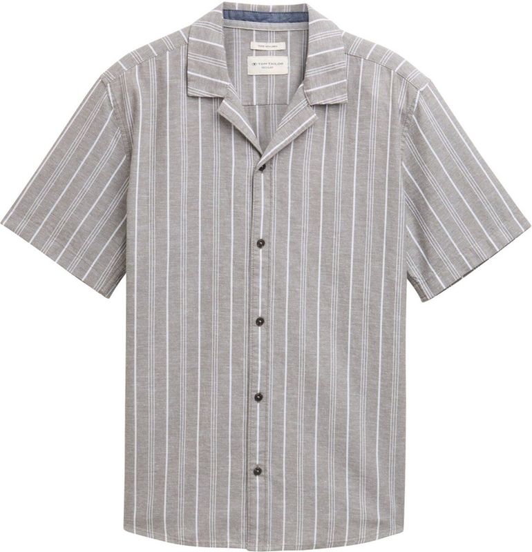 TOM TAILOR Herenhemd met korte mouwen en linnenaandeel, 37923 - Olive White Stripe, XXL