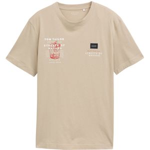 TOM TAILOR - Shirt - Donkerbeige - Kwartmouw - Ronde Hals - Logoprint