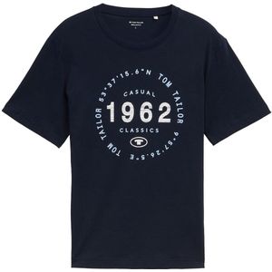 TOM TAILOR - Shirt - Lichtblauw/Donkblauw/Wit - Jersey - Ronde Hals, Kwartmouw