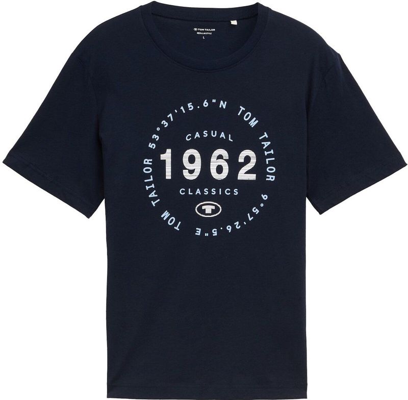 TOM TAILOR - Shirt - Lichtblauw/Donkblauw/Wit - Jersey - Ronde Hals, Kwartmouw