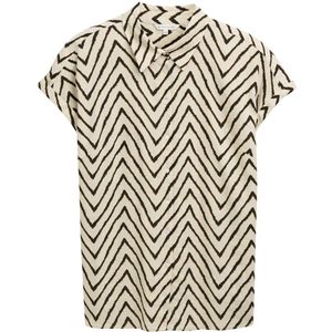 Tom Tailor - Women - Blouse - Ecru/Zwart - Linnen, Knoopsluiting, Losse Pasvorm