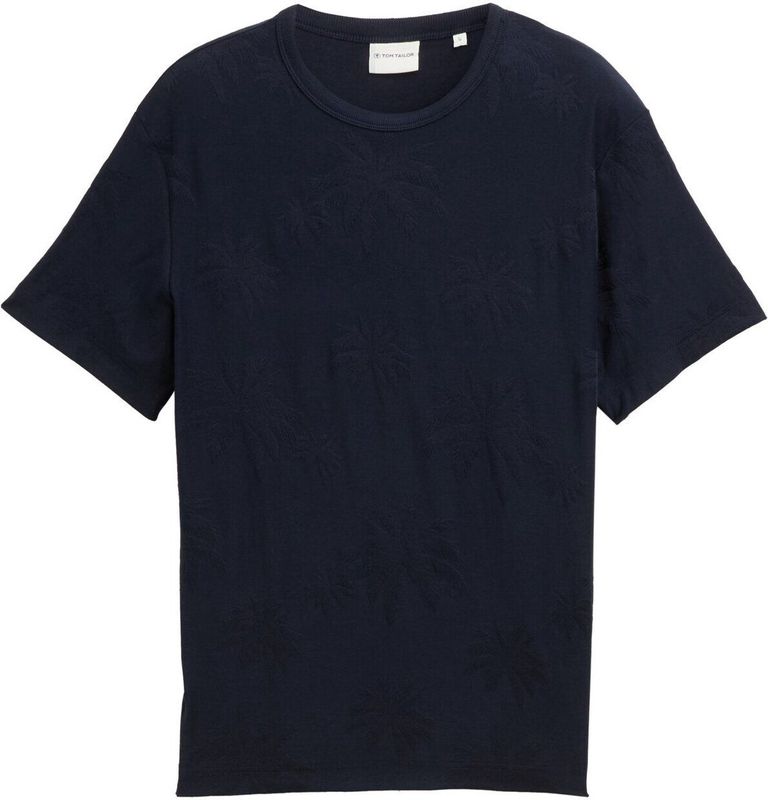 TOM TAILOR - Shirt - navy - Geribbelde Kraag, Ronde Hals, Bloemenprint, Kwartmouw