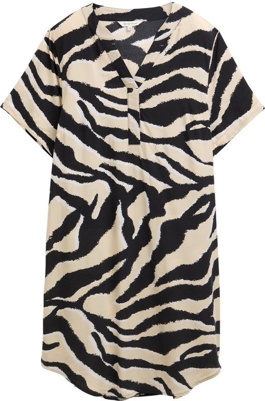 Tom Tailor - Blousejurk - All-over Motief - Soepel - Knielang - V-hals - Korte Mouwen