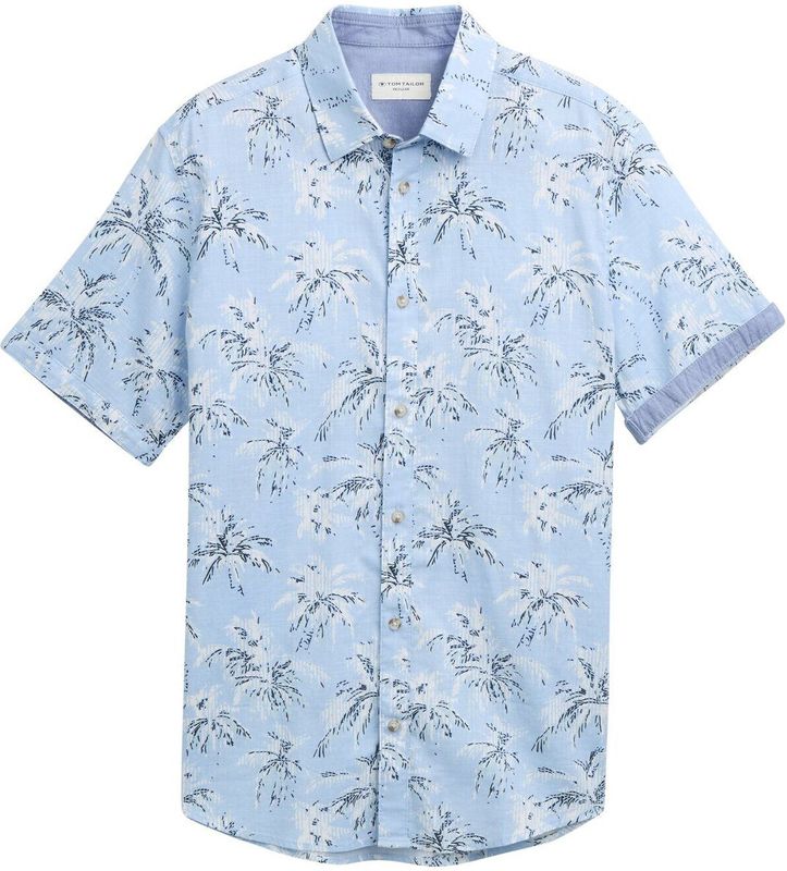 Tom Tailor - 1046085xx10 - Overhemd - Lichtblauw - 100% Katoen, Regular Fit, Korte Mouwen, Palmboomprint