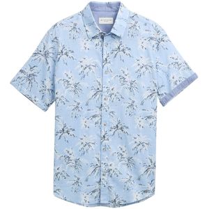 Tom Tailor - 1046085xx10 - Overhemd - Lichtblauw - 100% Katoen, Regular Fit, Korte Mouwen, Palmboomprint